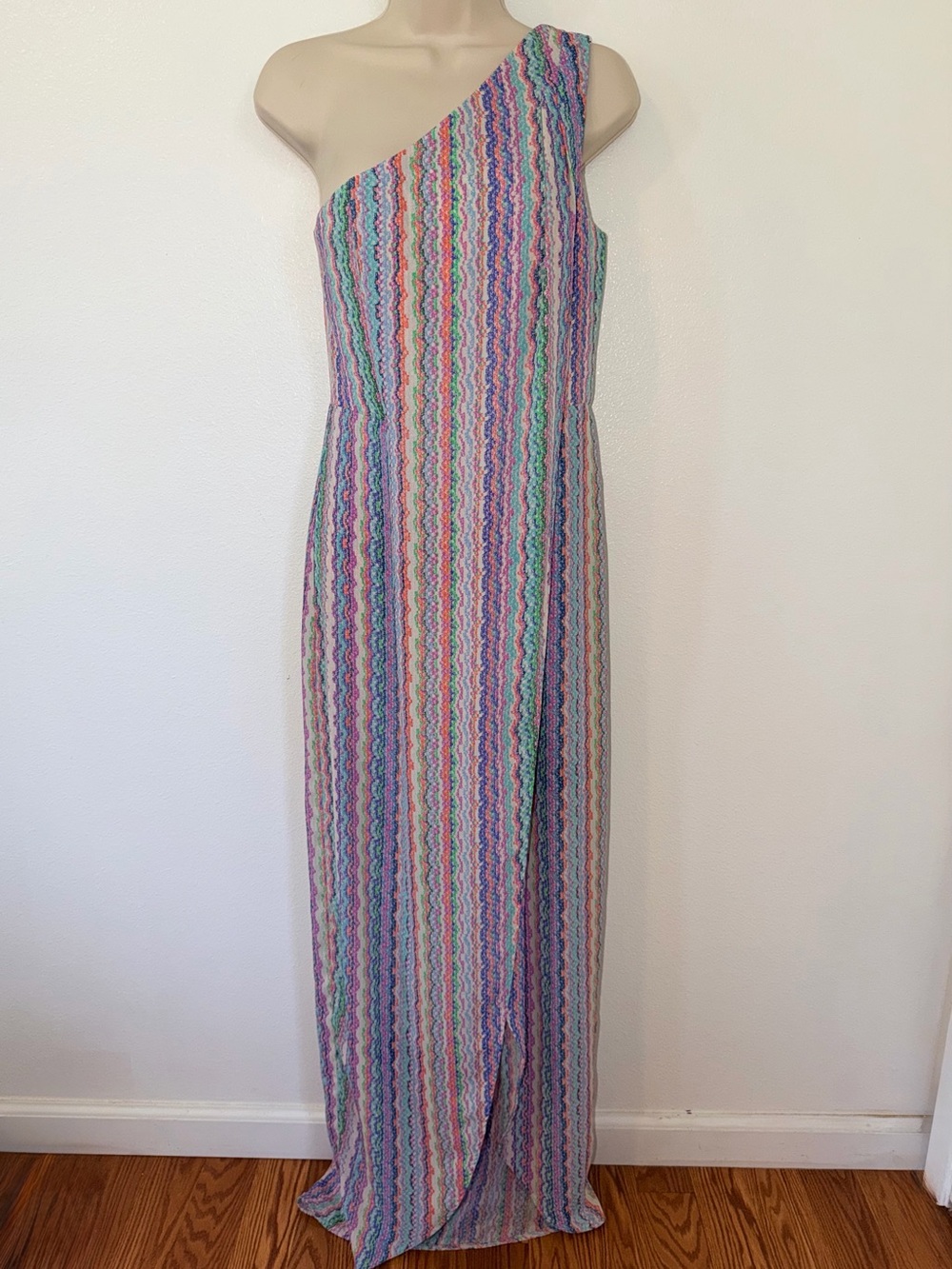 BCBGMaxAzria One-Shoulder Maxi Dress in Pastel Multi-Stripe